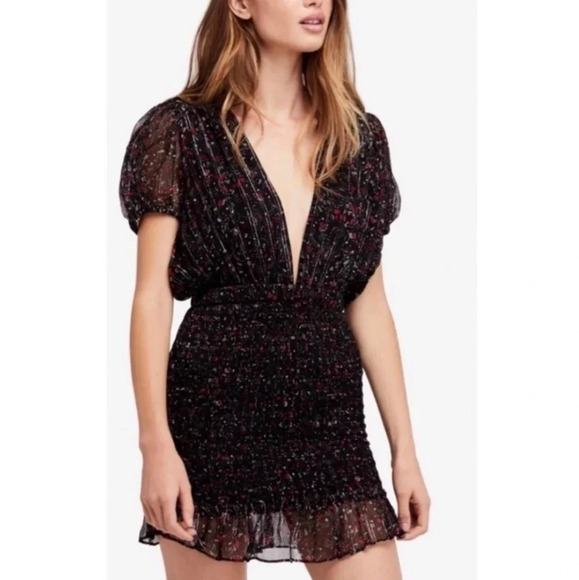 Free People Baby Love Smocked Floral Print Dress Black Red Silver Metallic Large - Picture 3 of 16